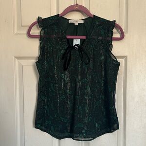 NWT Ann Taylor LOFT green paisley sleeveless ruffle trim blouse XS petite